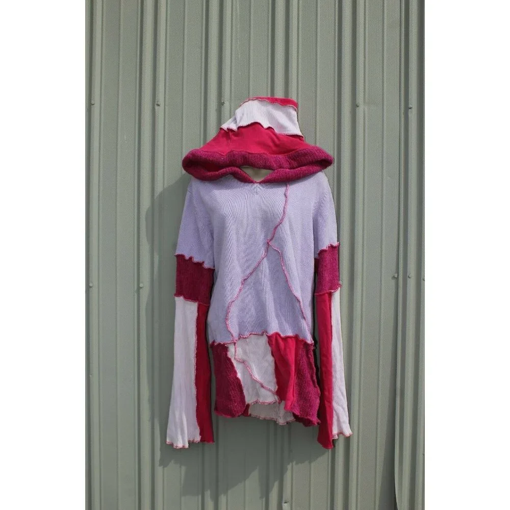 Upcycled Sweater Pink Red LL Bean Heavy XL/XXL 23" Bust Hooded Elven Fairy Boho - Picture 2 of 12
